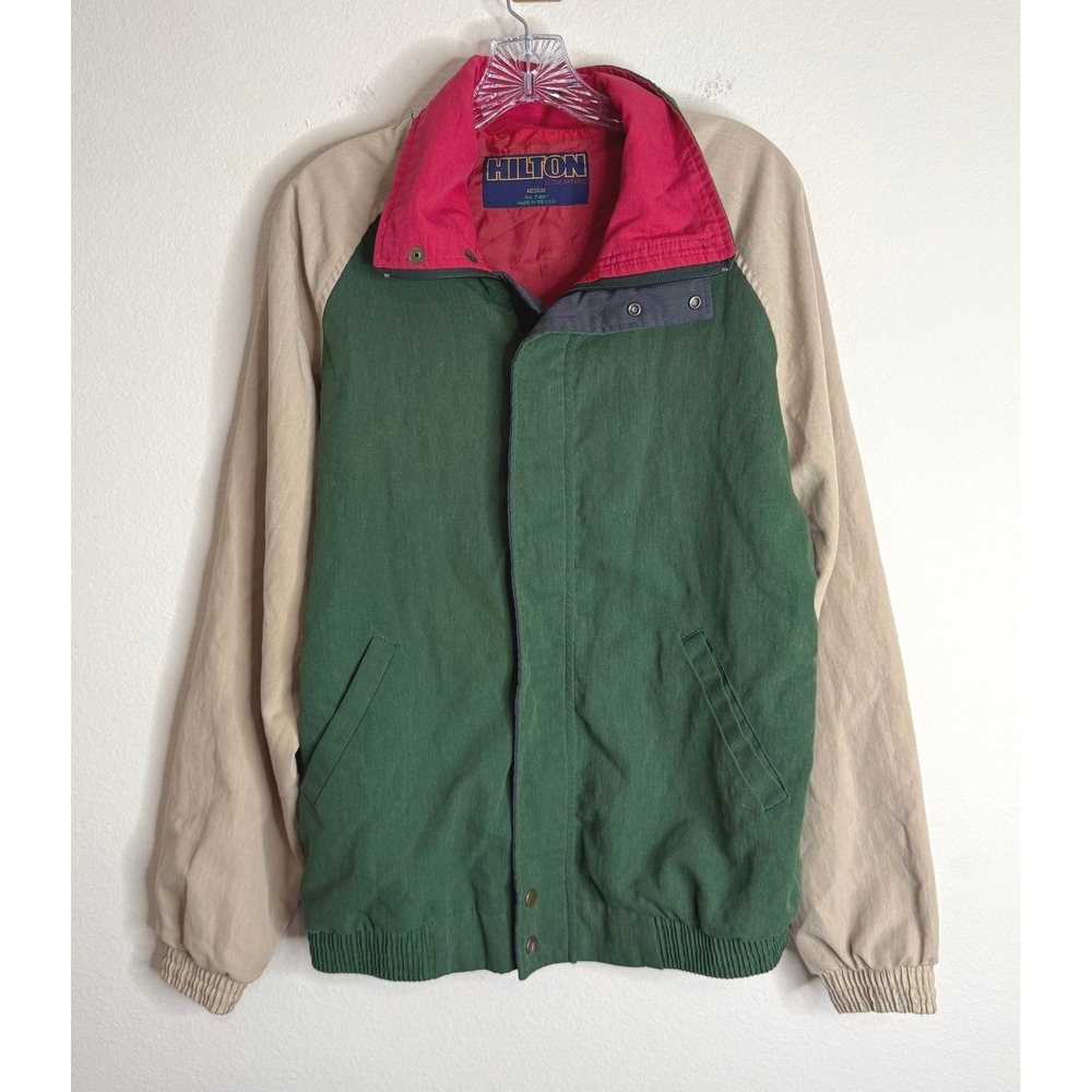 Hilton Jacket Mens Medium VTG Colorblock Green Tan Red Windbreaker USA Made
